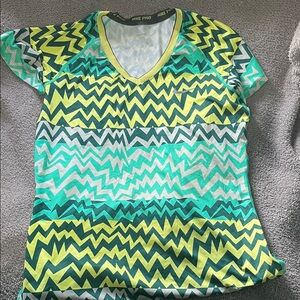Nike Women's Short Sleeve Dri-fit - Green and Yellow Zigzag